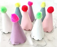 Meri Meri 8 Pc FUN Glitter & PomPom Party Hats - set of 8 & RE-USABLE!