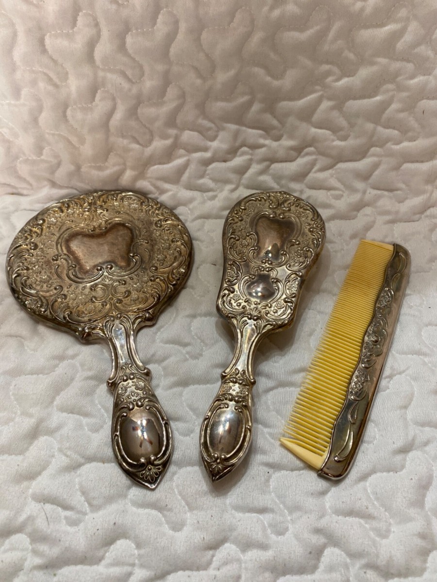 Vintage Vanity Set Silver Plate Hand Mirror Brush Comb 3  display picture 2