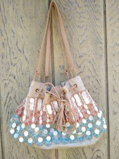 Moyna Drawstring Small Bone Beaded Turquoise & Coral Handbag W/ Shell Pieces 