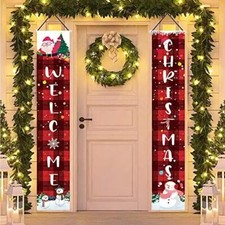 Christmas Front Door Banners Decor Indoor/Outdoor Red Buffalo Plaid 12x72"