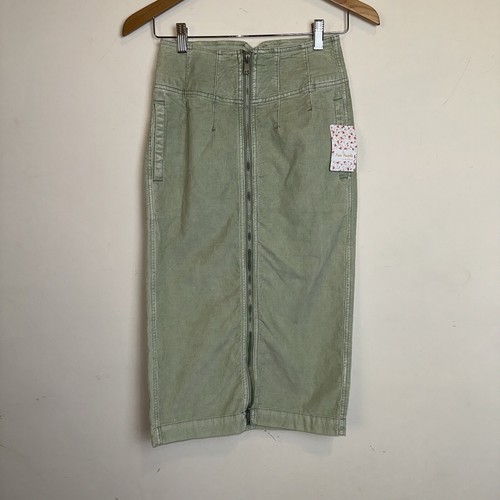 We The Free Corduroy Size 24 Green Zip Front High Waist Midi Skirt Boho Peasant
