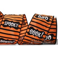 10 Yard Spool Halloween Words Beware Spooky Boo Orange Black Stripe Wired Ribbon