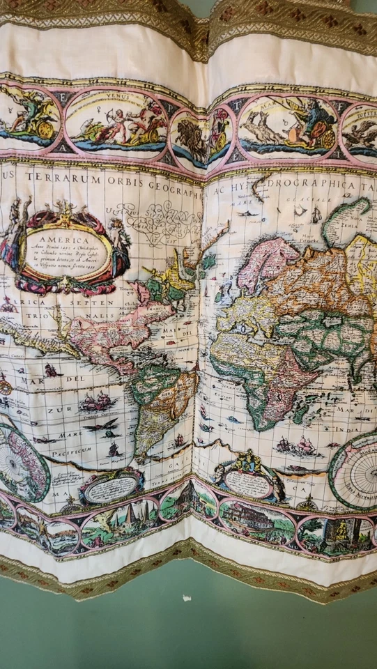 Vintage Global World Map Scene Tapestry Wall Art Hanging Deco 25"W x 19"H EUC - Image 3 of 4