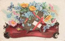 Military Veterans Day Basket Flowers Red Ribbon Embossed Card Vtg Postcard I50