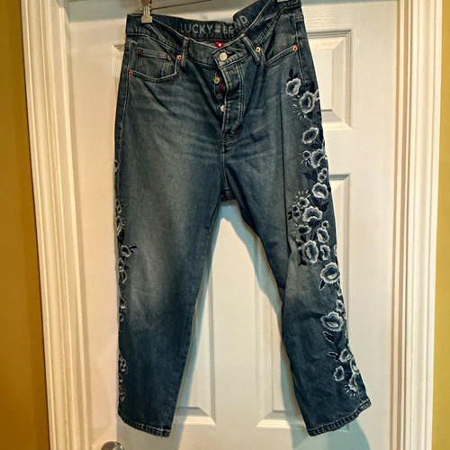 Lucky Brand legend Womens Blue Medium Wash Straight Jeans Floral Embroidery