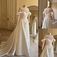Satin Wedding Dresses Off Shoulder A Line Vintage Elegant Ivory Bridal Gowns