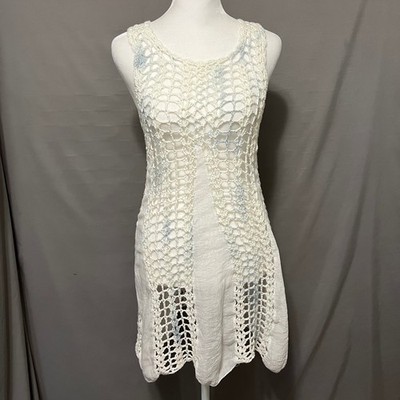 Cupio Women's XL Boho Hippie Crochet Sleeveless Dress Cover Up White Size L / XL