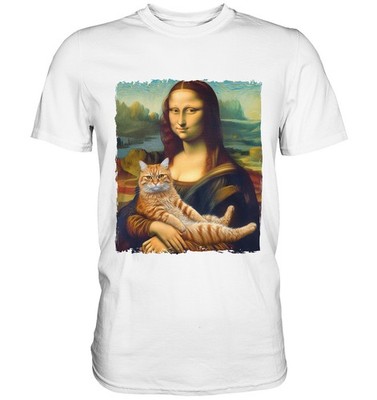 Lustiges Katzen T-Shirt   Mona Lisa mit Katze Herren Unisex Fun Shirt Kunstmotiv