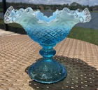 Fenton Blue Opalescent Diamond Lace 8 Inch Pedistal Compote. Unmarked, Perfect!