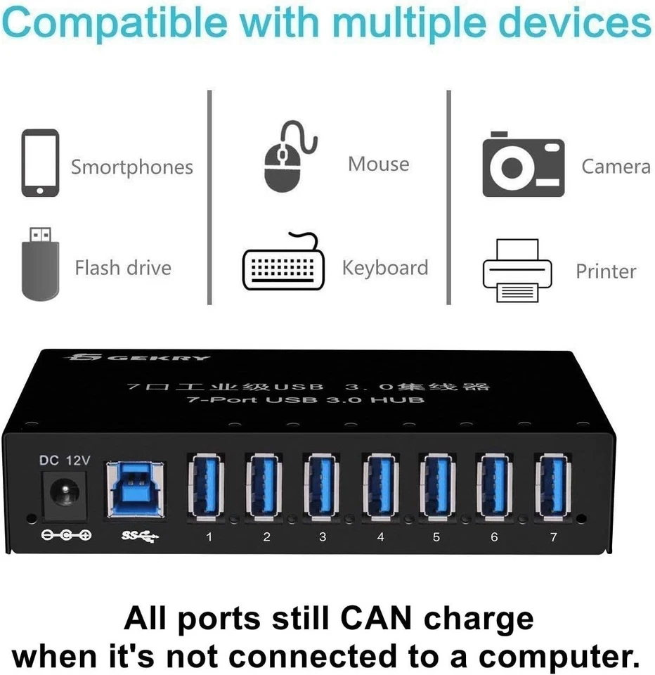 7-Port Powered USB 3.0 Hub with Metal Case - High-Speed Data & Mountable Design - Image 4 of 4