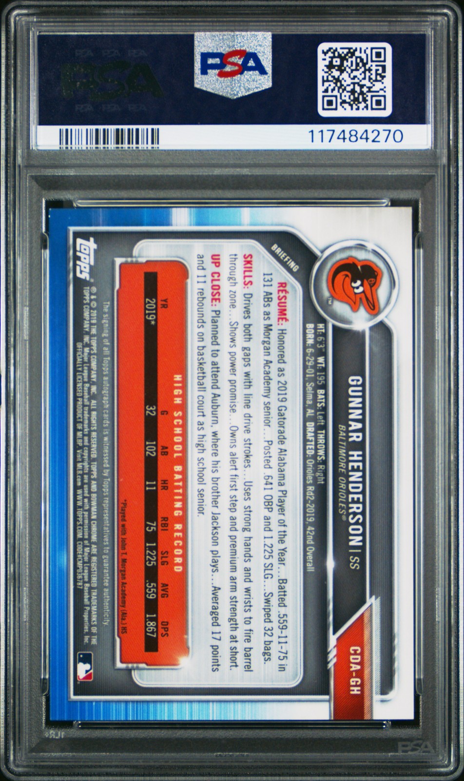 2019 BOWMAN DRAFT CHROME DRAFT PICKS AUTO #CDAGH GUNNAR HENDERSON PSA 10 AUTO view 2
