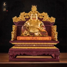 88 CM Top China Bronze Copper 24K Gold Painted Dragon Maitreya Buddha Statue