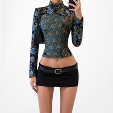 Zara Blue Yellow Floral Embroidered Shoulder Padded Blazer Jacket Size XS