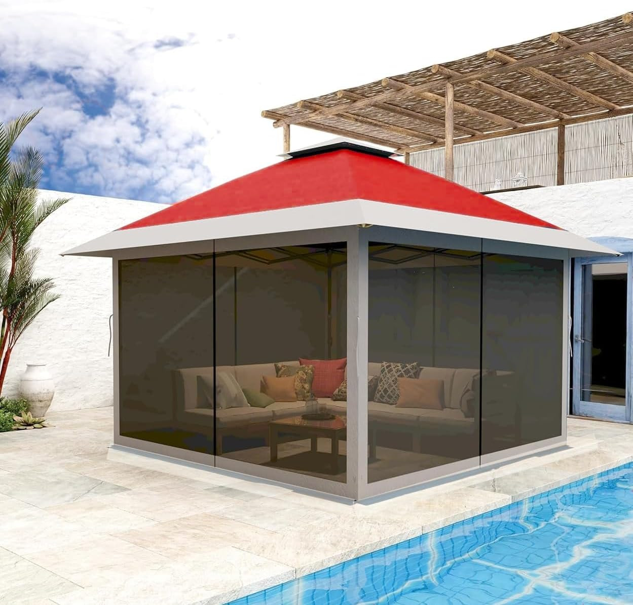 12x12 Ft Instant Canopy Tent with Mosquito Net & Sandbags - Red Color