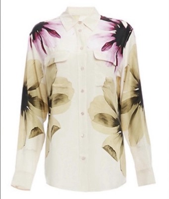 EQUIPMEMT Silk Shirt Women s Medium Floral Signature Top Ivory Long Sleeve