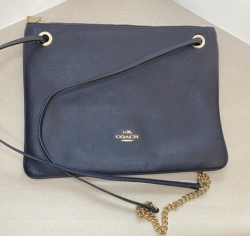 COACH Crossbody/Shoulder Navy Pebbled Leather Tablet Bag Gold Hardware 11”x9” - Afbeelding 6 van 12