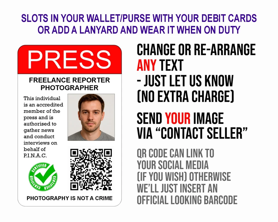 ARTIE FARTIES PERSONALISED PRESS PASS PINAC ID QR CODE Photographer Card Media & Lanyard