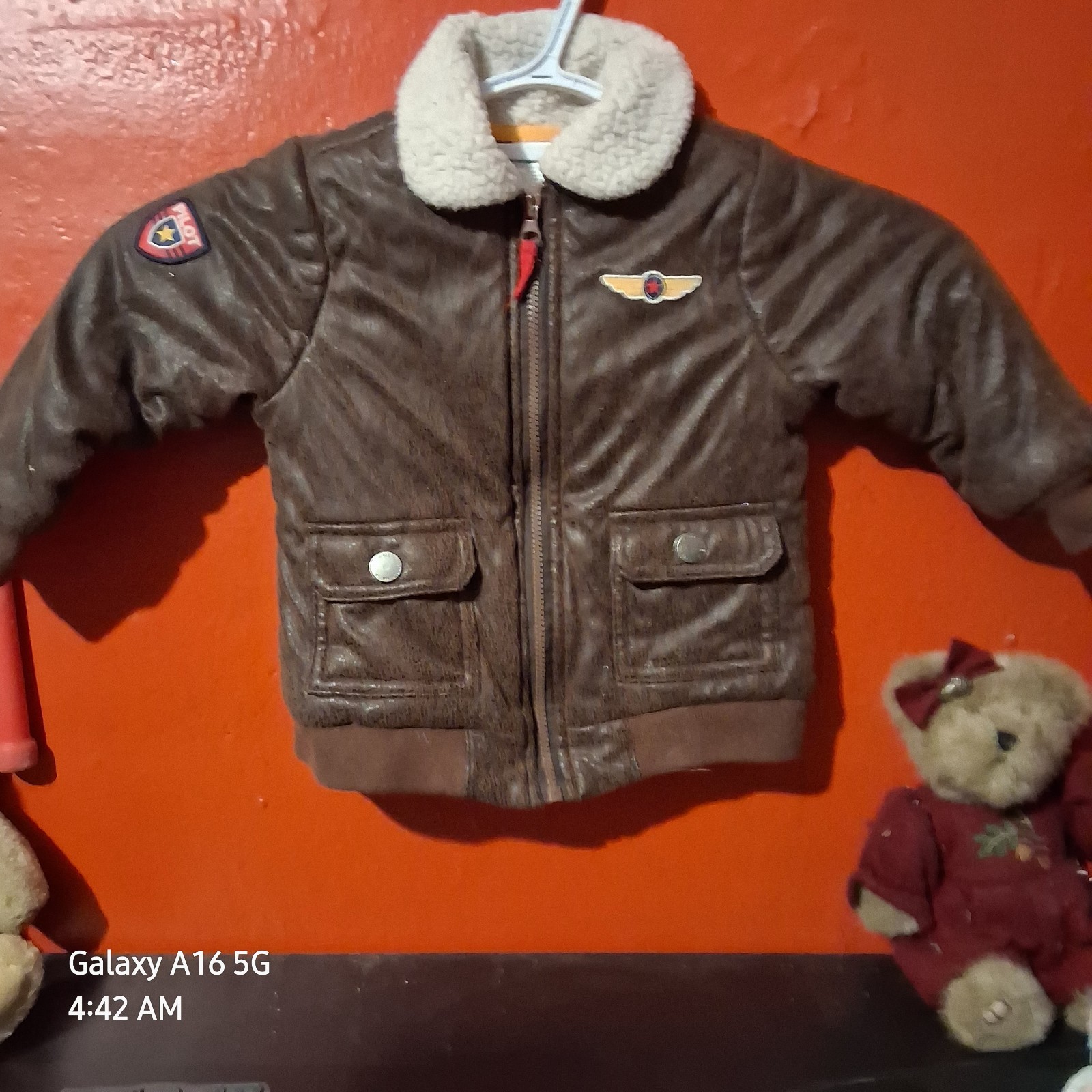 18 mnth Toddler Boy Brown Faux Leather Pilot Aviator Bomber Jacket -Fur Collar