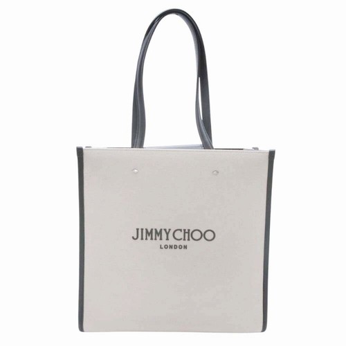Jimmy Choo N S Tote M CZM Canvas Leather Ivory Black Studded A4 Tote Bag Auth