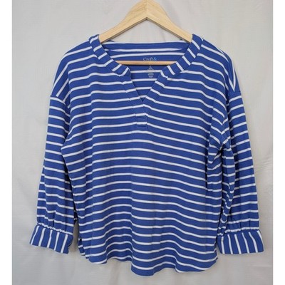 Croft & Barrow XL Blue White Striped Cotton Top 3/4 Sleeve Split Neck Blouse