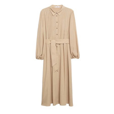 Mango - Beige button down long sleeve pleated tie-waist midi dress - Size 4