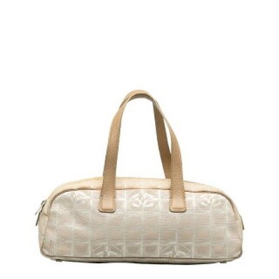 Luxury Designer NTL Line Boston Handbag Ivory Beige Canvas Leather Pre-Owned
