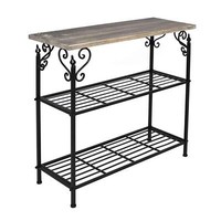 Metall Stand Regal Schwarz, 2 BöDen + Holz Platte, Rustikal Antik Vintage Retro