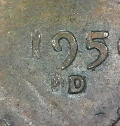 1950 D Die chip ERROR next to the D Lincoln Wheat Cent #53 - Picture 2 of 4