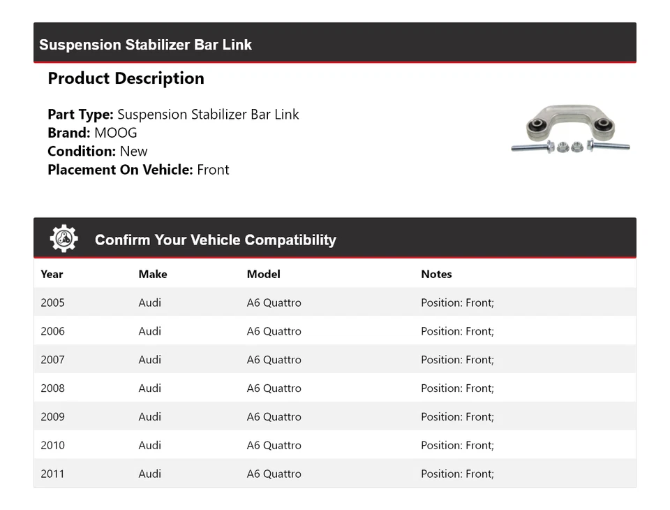 For 2005-2011 Audi A6 Quattro Suspension Stabilizer Bar Link Front MOOG 2005 - Image 2 of 4
