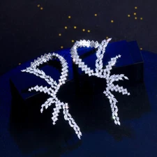 Symmetric Silver Plated Cubic Zirconia Crystal Big Leaf Ear Cuff Climber Earring