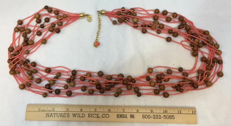 Joan Rivers Bib Necklace Coral Pink Seed & Brown Wood Wooden Bead Multi Strand - Image 2 of 4