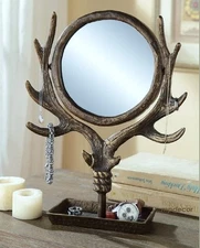 Deer Antler Table Vanity Mirror Jewelry Holder Stand Swivel ~ SPI Home 51023