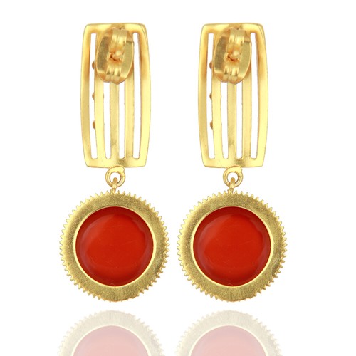 Dual Tone Brass Earrings Yellow Gold & Black Round Shaped Green Onyx Earrings - Picture 3 of 5