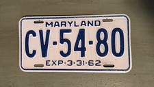 Vintage 1962 Maryland License Plate CV &bull; 54 &bull; 80 EUC
