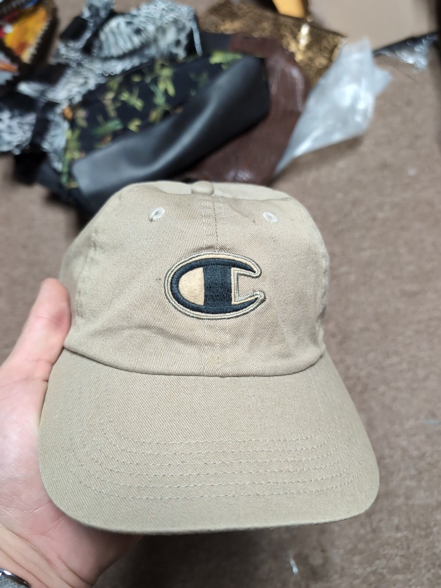 Champion Hat StrapBack Tan Leather Strap Curve Brim Cap Adjustable