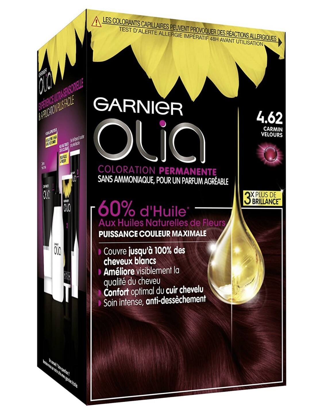Coloration Garnier Olia 4.62 rouge violine couverture 100% cheveux blancs