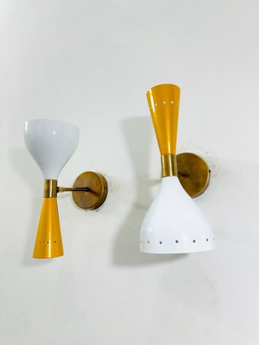 Mustard & White Brass Wall Sconce Pair 1950s Mid Century Brass Italian Adjustabl - Picture 8 of 8