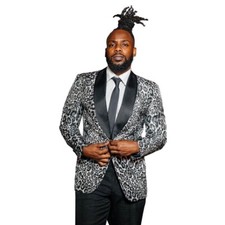 Men Suit Gray Leopard-Print Shawl Single-Breasted Classic Tuxedo Dinner Party