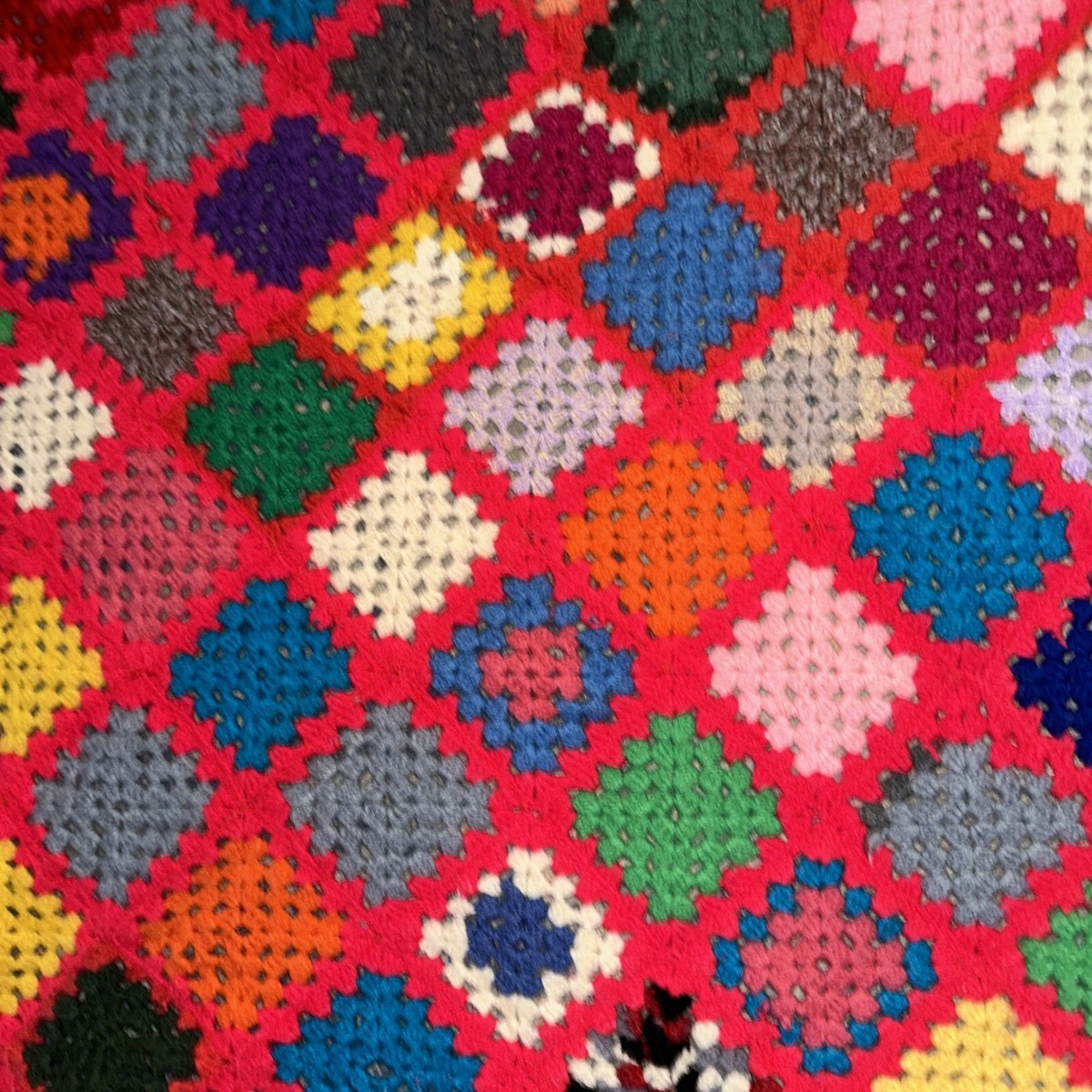 Vintage Granny Square Red Background Afghan Crochet Throw Blanket