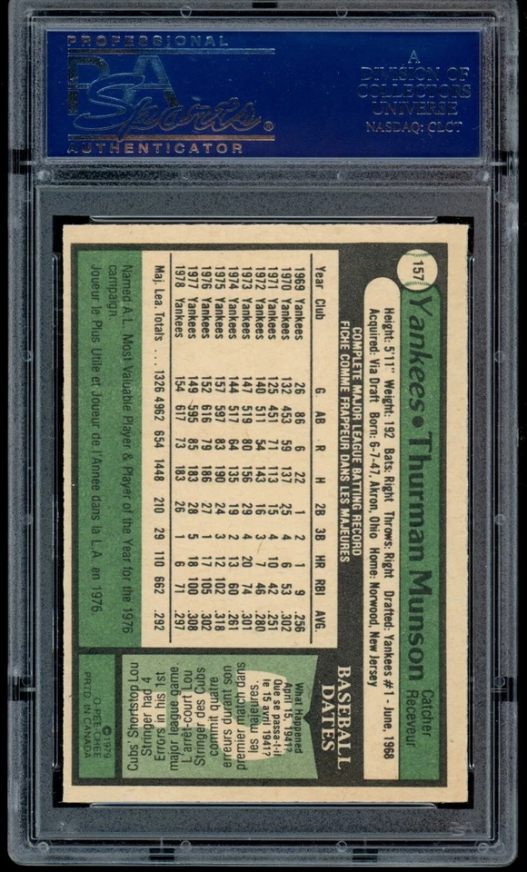 1979 TOPPS OPC O PEE CHEE BASEBALL #157 THURMAN MUNSON PSA 8 NM-MINT N Y Yankees - Image 2 of 2