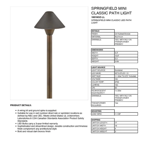Hinkley 16016OZ-LL Springfield Mini Classic Path Light – Bronze – LED Included - Picture 2 of 2