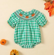 NEW Boutique Pumpkin Smocked Baby Girls Green Bubble Romper Jumpsuit