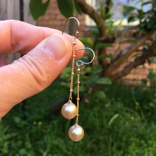 natural high luster Australia gold seawater Pearl 9.5-10mm 14KGF Earring 40mm #4 - Picture 8 of 11
