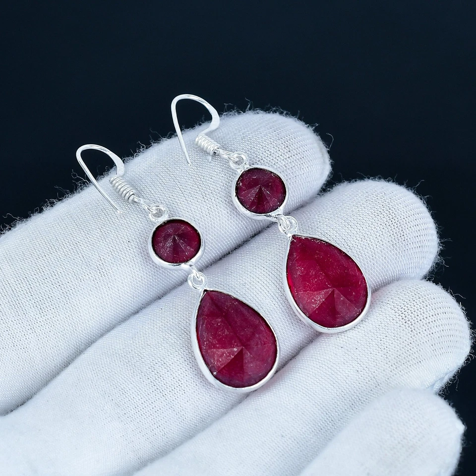 Rosso Rubino Lab-Created Gemma Artigianale Gioielli 925 Argento Orecchini Regalo - Immagine 4 di 4