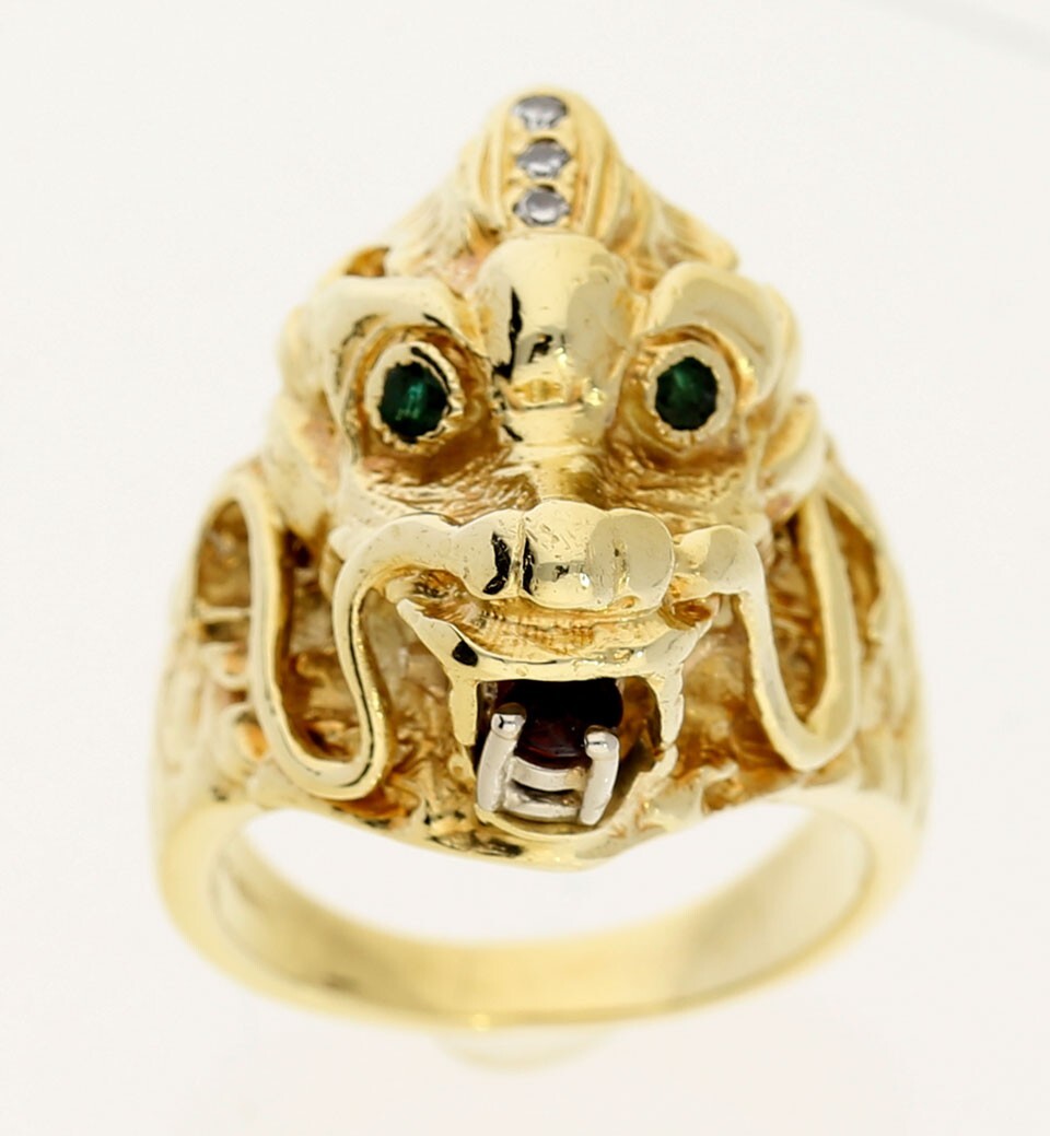 Diamond Emerald Ruby Dragon Ring .23CT Yellow Gol… - image 2