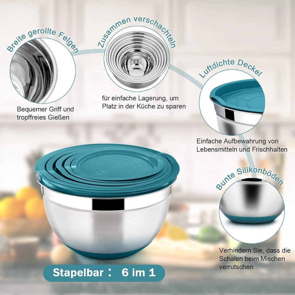 Schüssel Set 6x Edelstahl Rührschüssel Salatschüssel mit Luftdichte Deckel B921 - Bild 3 von 4