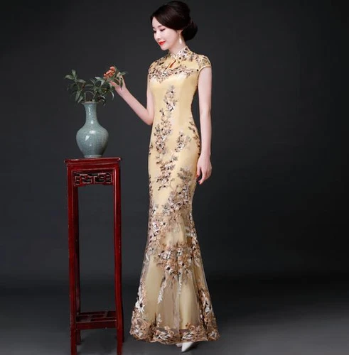 Damen Cheongsam Retro schmale Passform Spitze Fischschwanz chinesisches Kleid Laufsteg Kostüm schick - Bild 11 von 14