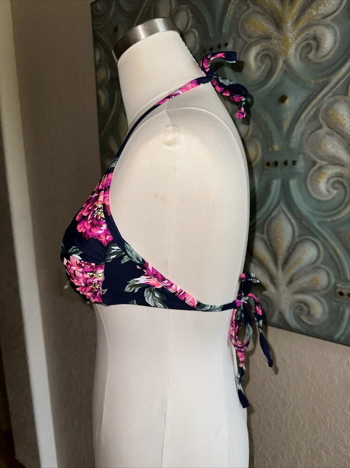 XHILARATION BIKINI SWIM TOP M D-DD Pink Blue Floral Criss Cross Halter - Image 3 of 4