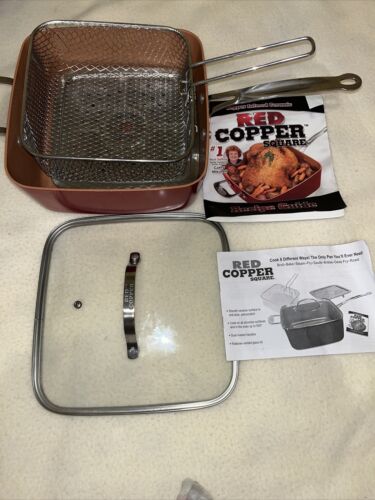 Red Copper 10” Sq Pan w Lid Steamer Rack Frying Basket Baking Roasting EUC - Picture 1 of 15
