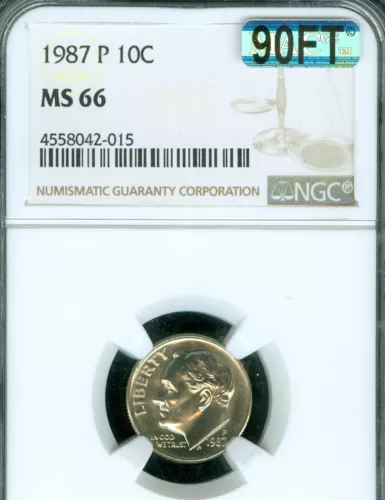 1987 P ROOSEVELT DIME NGC MS66 MAC 90FT RARE LOW POP $400 IN FT *
